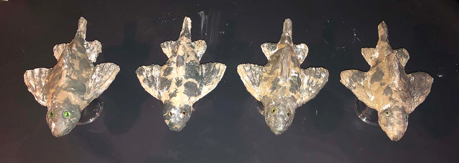 Four grey model suckerfish in a line on a black background
