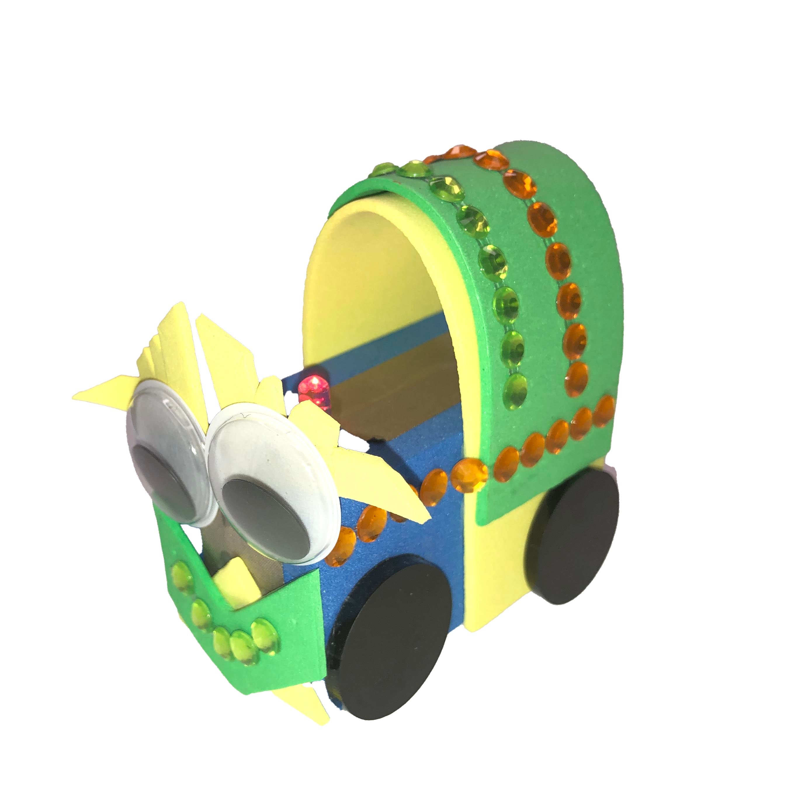 A TapeBlock train with a light up funnel, google eyes, a green canopy and black wheels