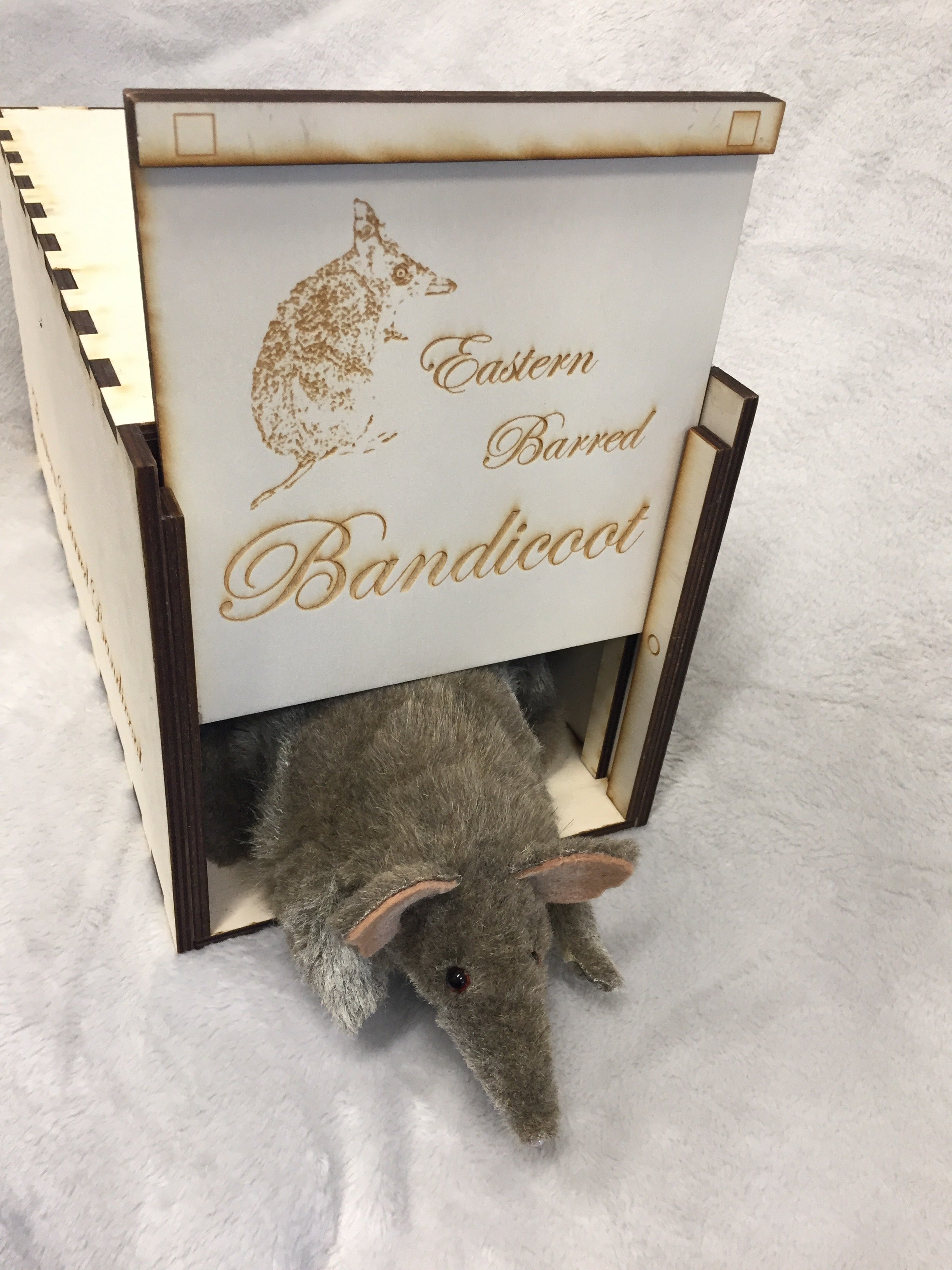 A bandicoot puppet half way out of a wooden box