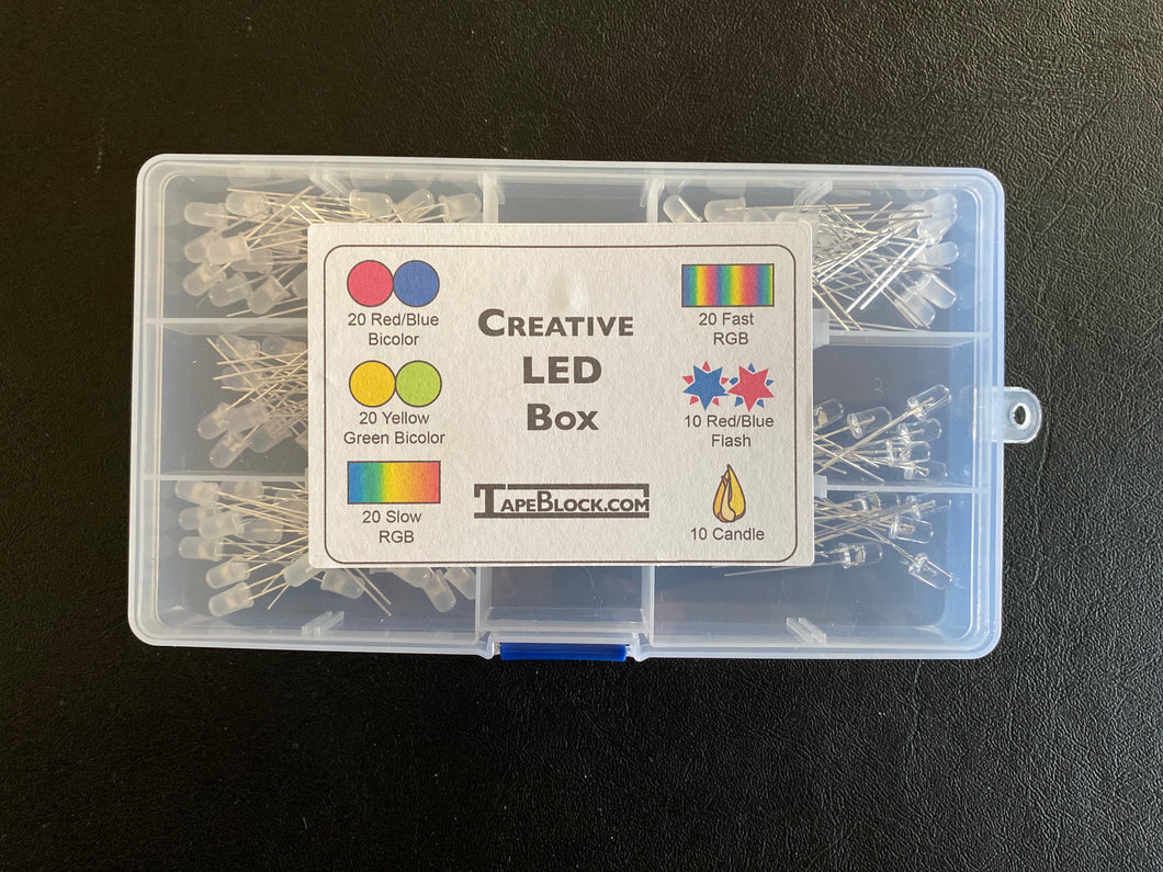 Plastic box with LEDs inside and label with colors on the top