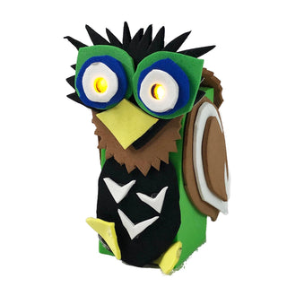 TapeBlock Owl in brown and green with yellow light up eyes